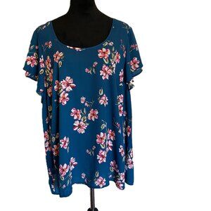 Torrid SZ 2X Teal and Pink Floral Polyester Swing Blouse with Layered Sleeves